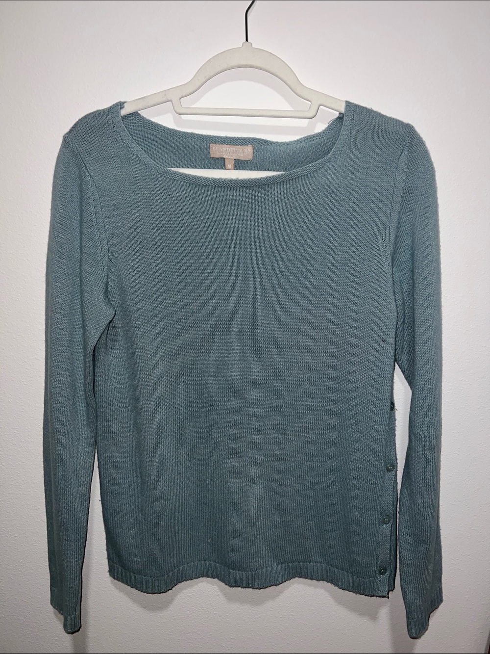 Benedetta B. Women’s Light Teal Crewneck Sweater with Side Button Detail